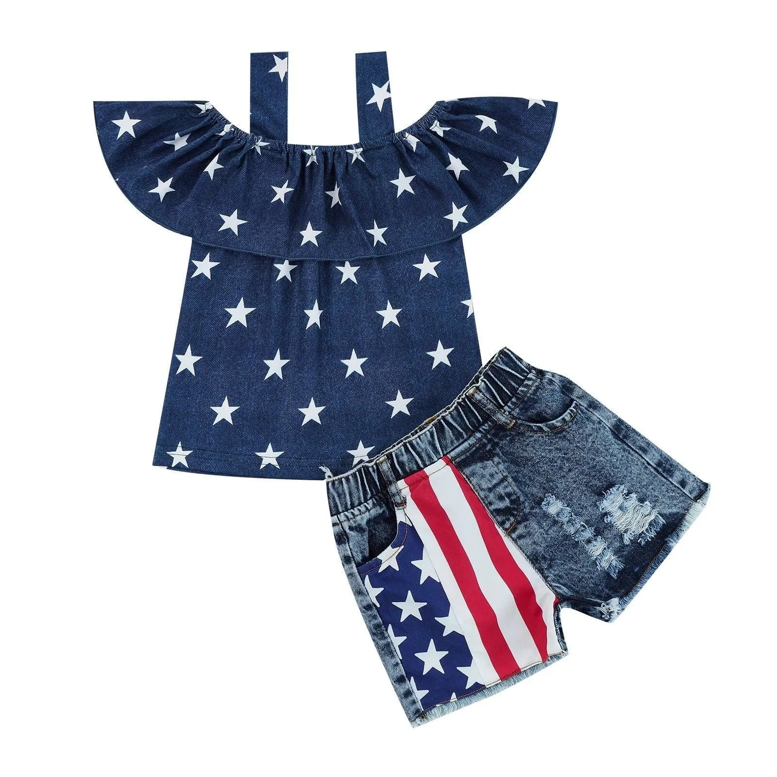 18M-6Y Toddler Girls Sets Stars Cami Top & Denim Shorts Independence Day Wholesale Little Girl Clothing