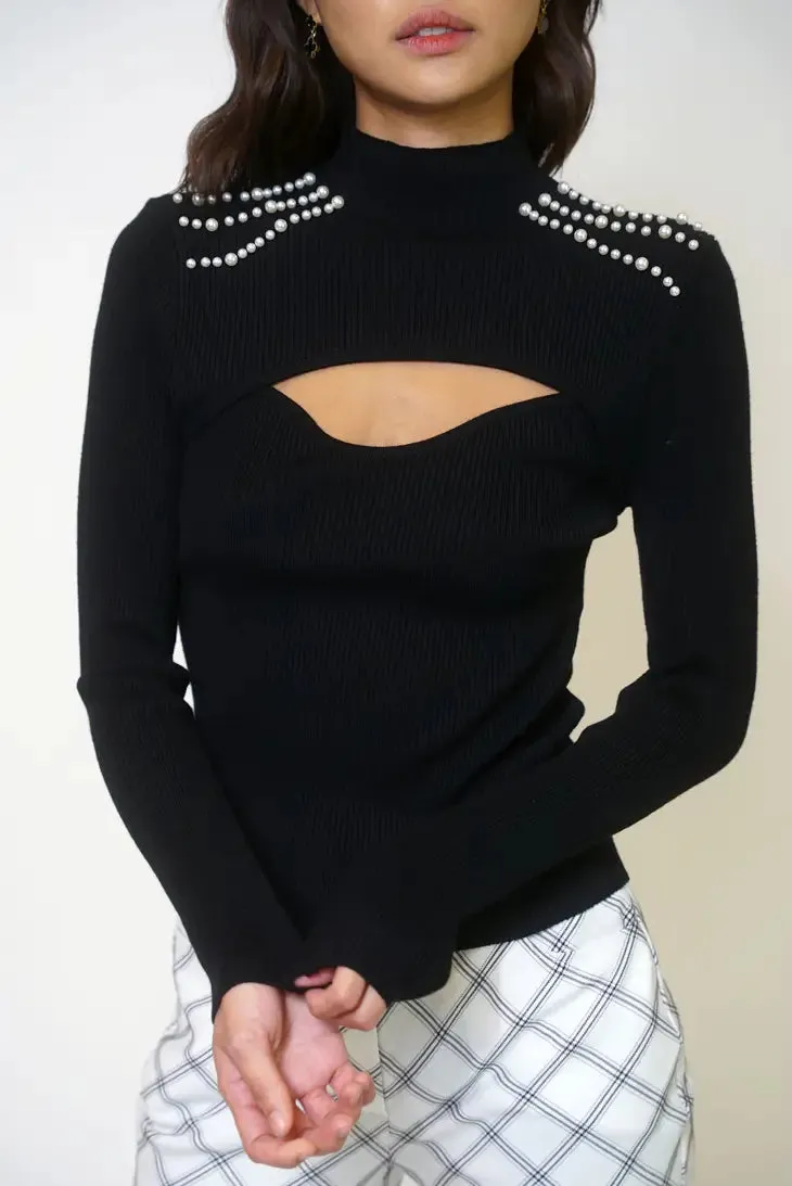 Black Cutout Out Pearl Shoulder