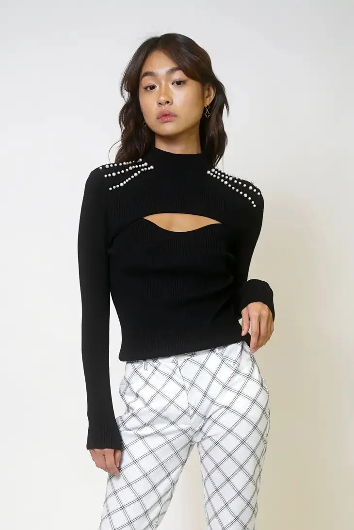 Black Cutout Out Pearl Shoulder