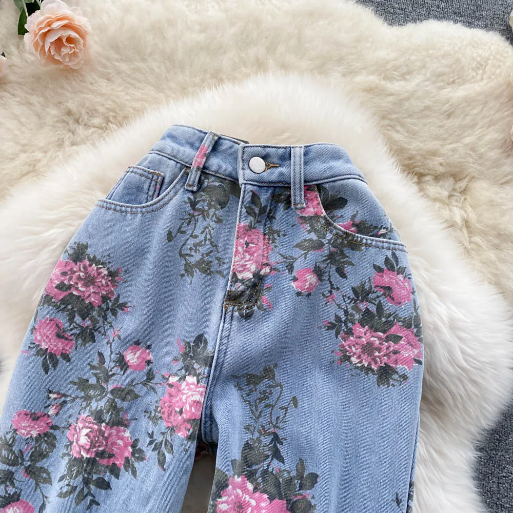 Blue printed denim trousers    S462