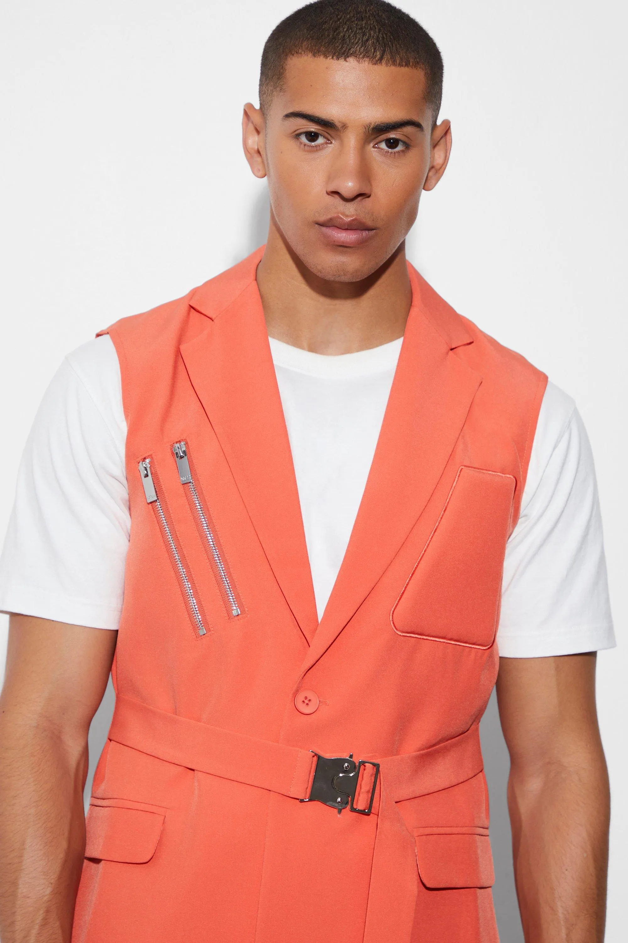 Boohoo Single Breasted Sleeveless Suit Jacket, Orange