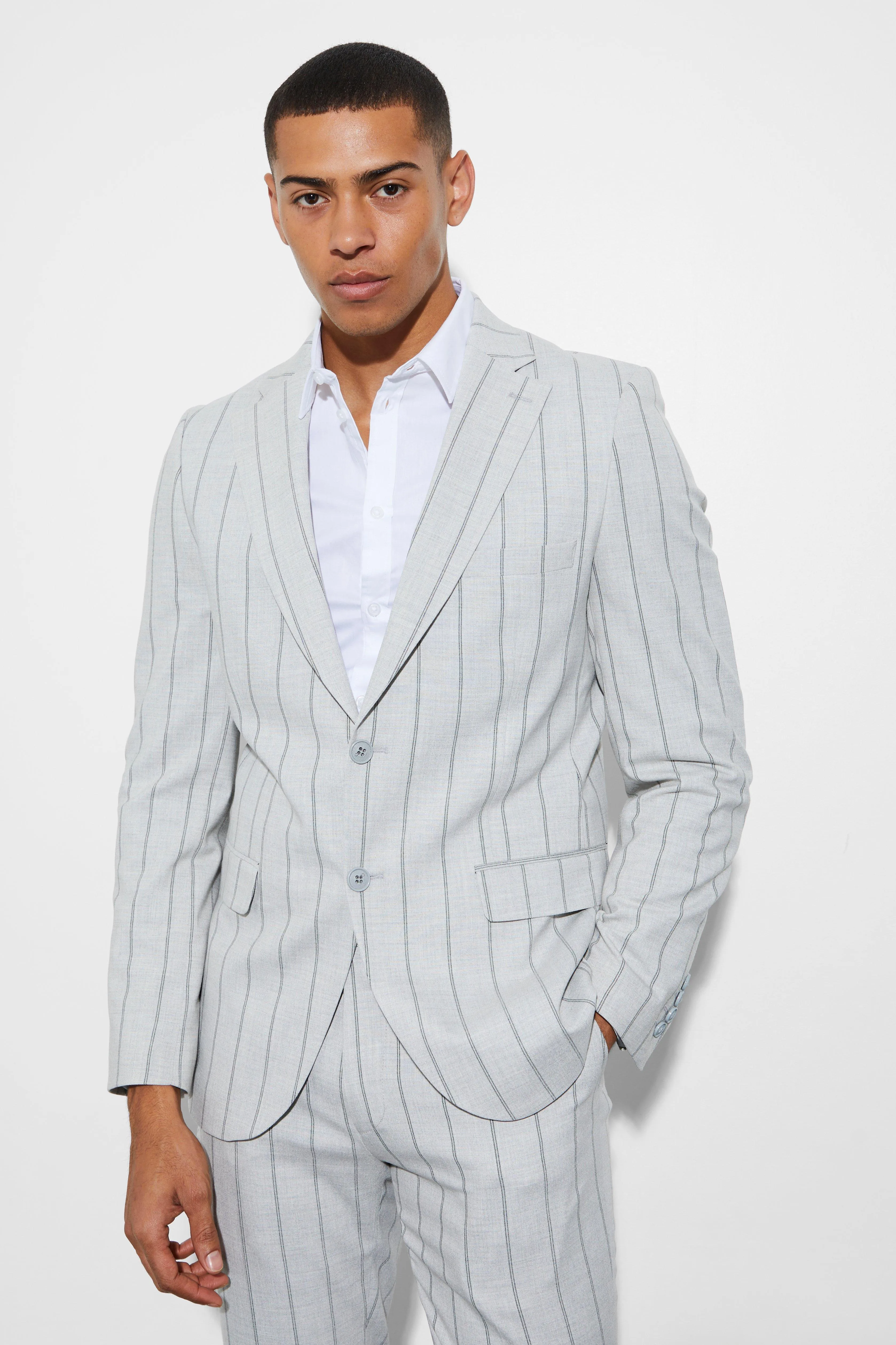 Boohoo Slim Striped Single Breasted Suit Jacket, Gray