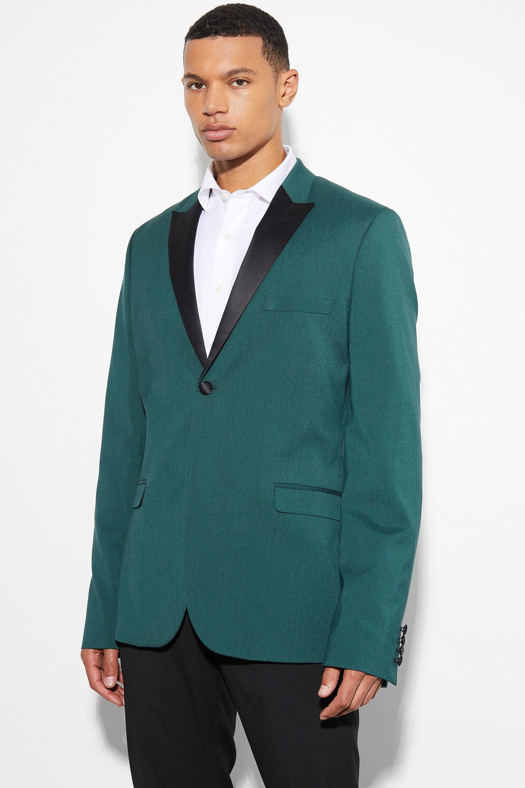 Boohoo Tall Skinny Tuxedo Single Breasted Suit Jacket, Green