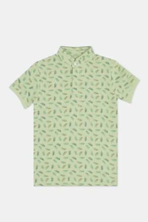 Boys Mint Allover Print Stand Up Collar Polo T-Shirt