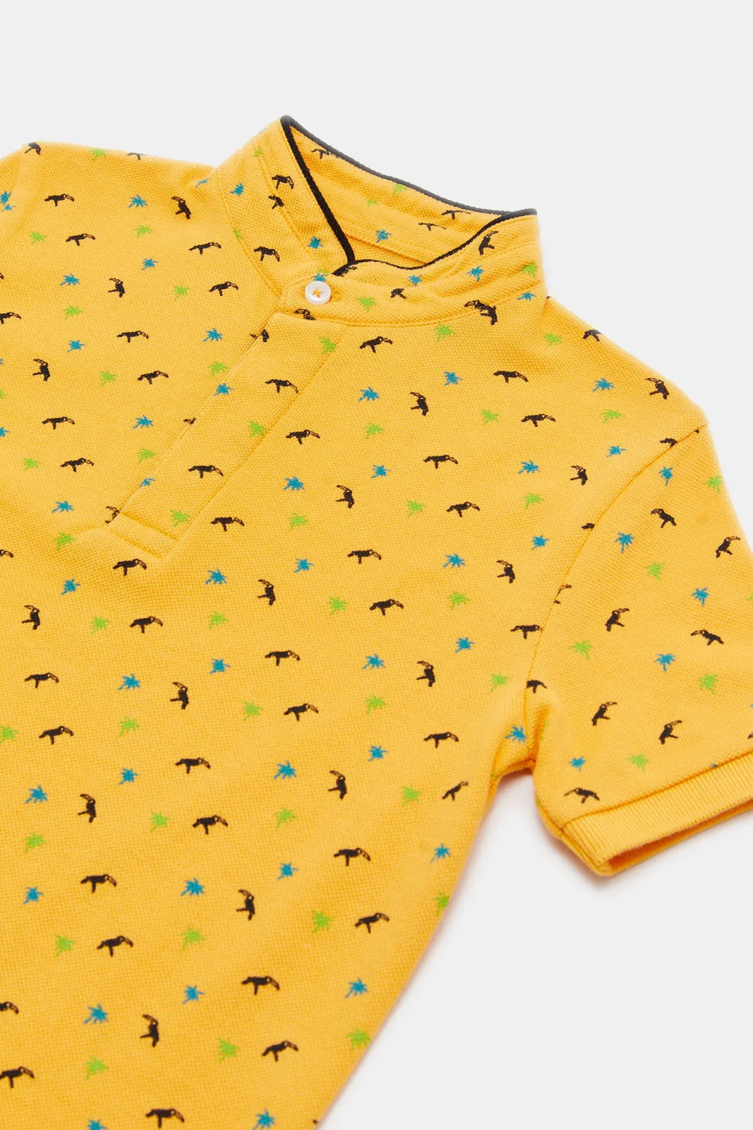 Boys Yellow Print Stand Up Collar Polo T-Shirt