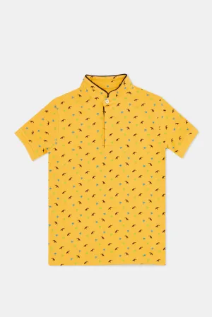 Boys Yellow Print Stand Up Collar Polo T-Shirt