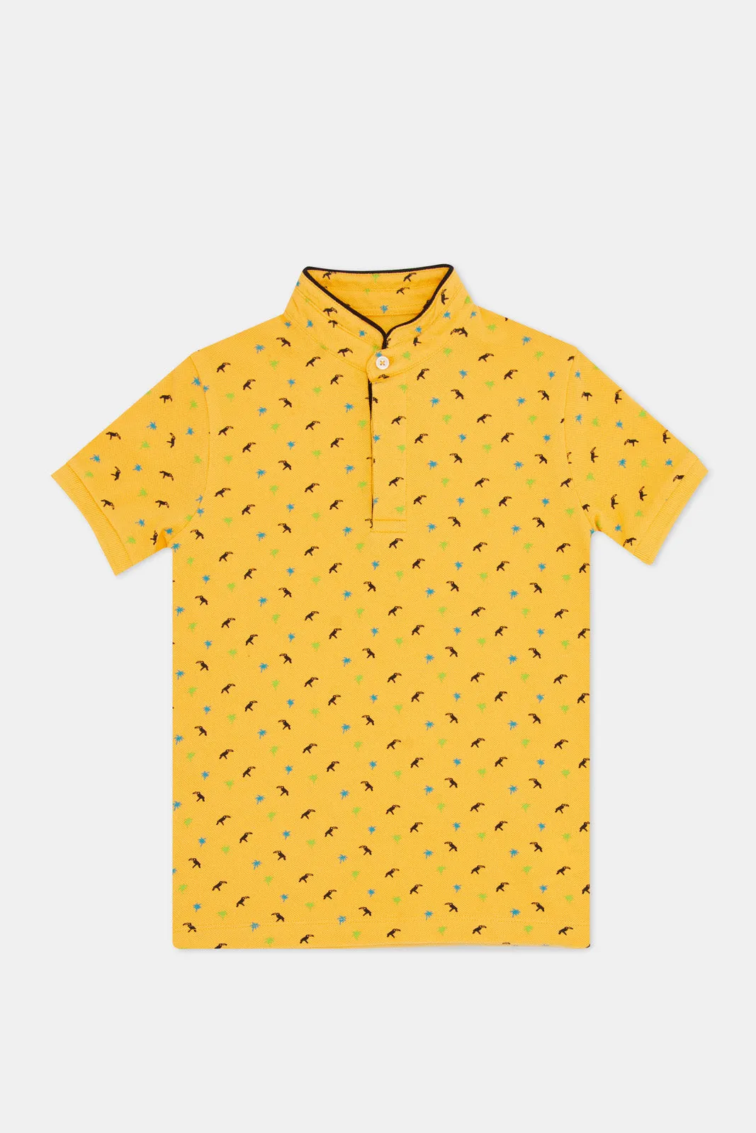 Boys Yellow Print Stand Up Collar Polo T-Shirt