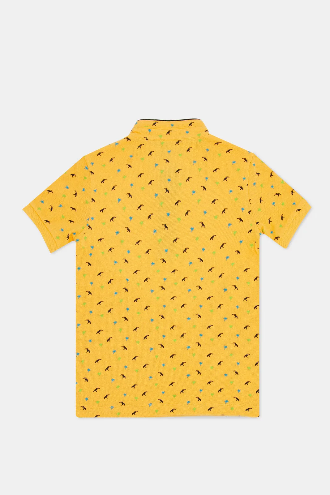 Boys Yellow Print Stand Up Collar Polo T-Shirt