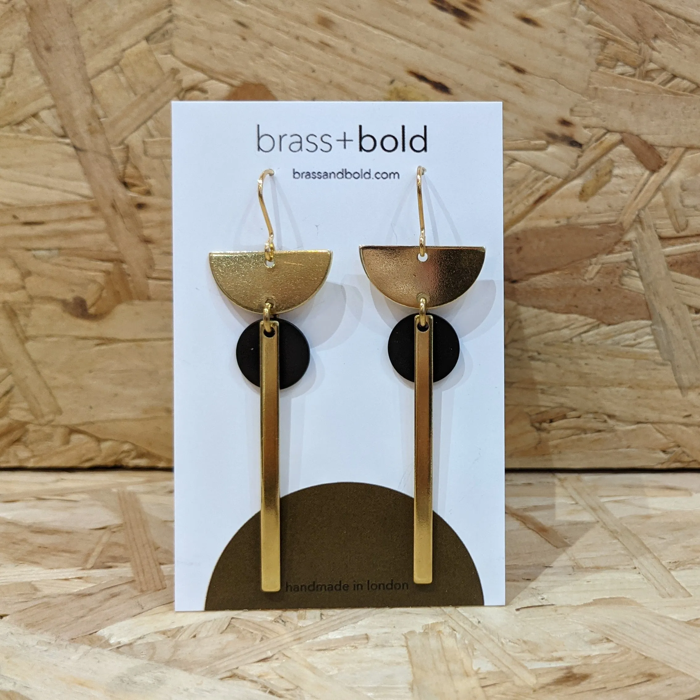 Brass Crescent, Bar and Black Disc Earrings