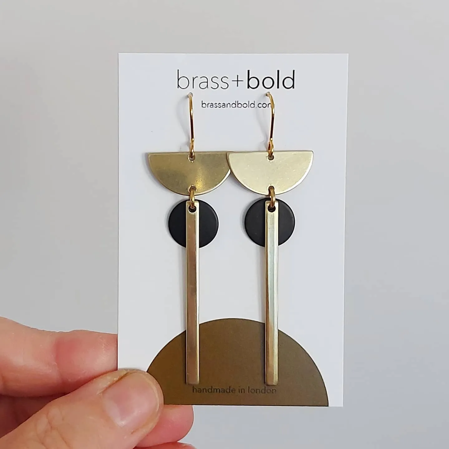 Brass Crescent, Bar and Black Disc Earrings