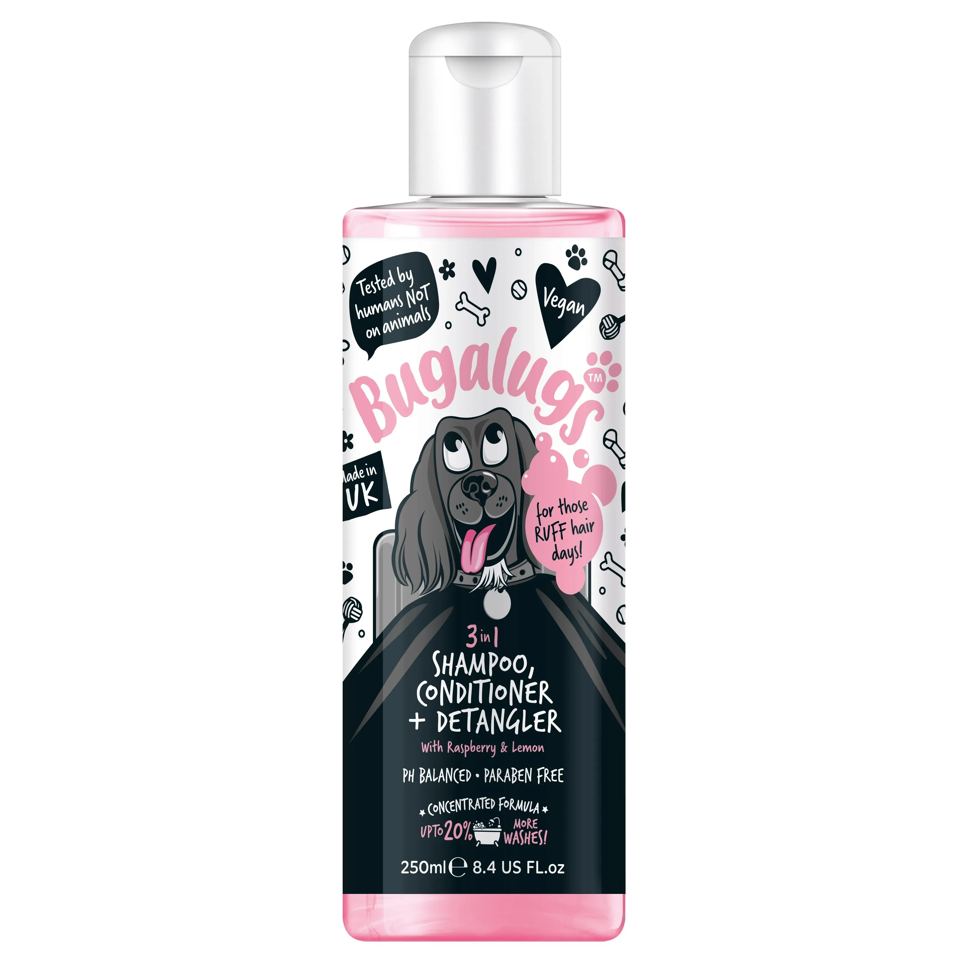 Bugalugs 3 in 1 Raspberry & Lemon Dog Shampoo, Conditioner & Detangler