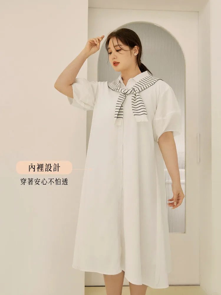 Casual Button A-Line Puff Sleeve Long Shirt Dress