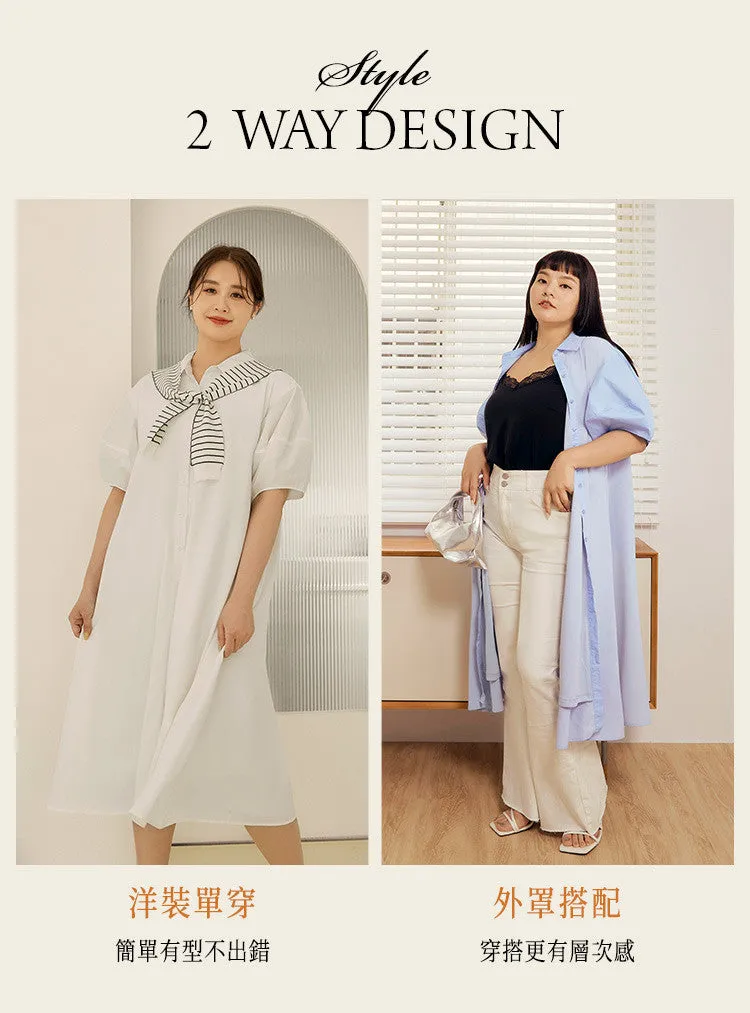 Casual Button A-Line Puff Sleeve Long Shirt Dress