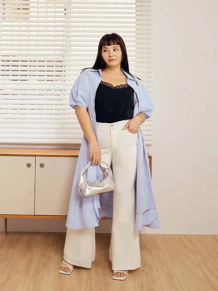 Casual Button A-Line Puff Sleeve Long Shirt Dress