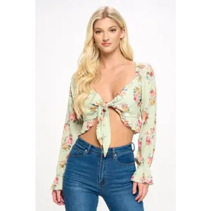 Crop blouse cardian top tie front long sleeve