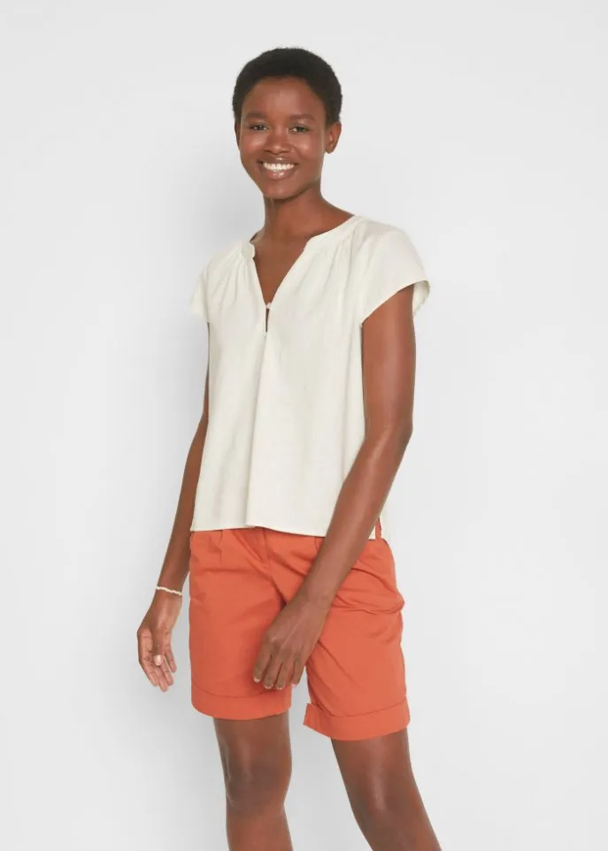 Cropped linen blouse with side slits Bpc Bonprix Collection, white