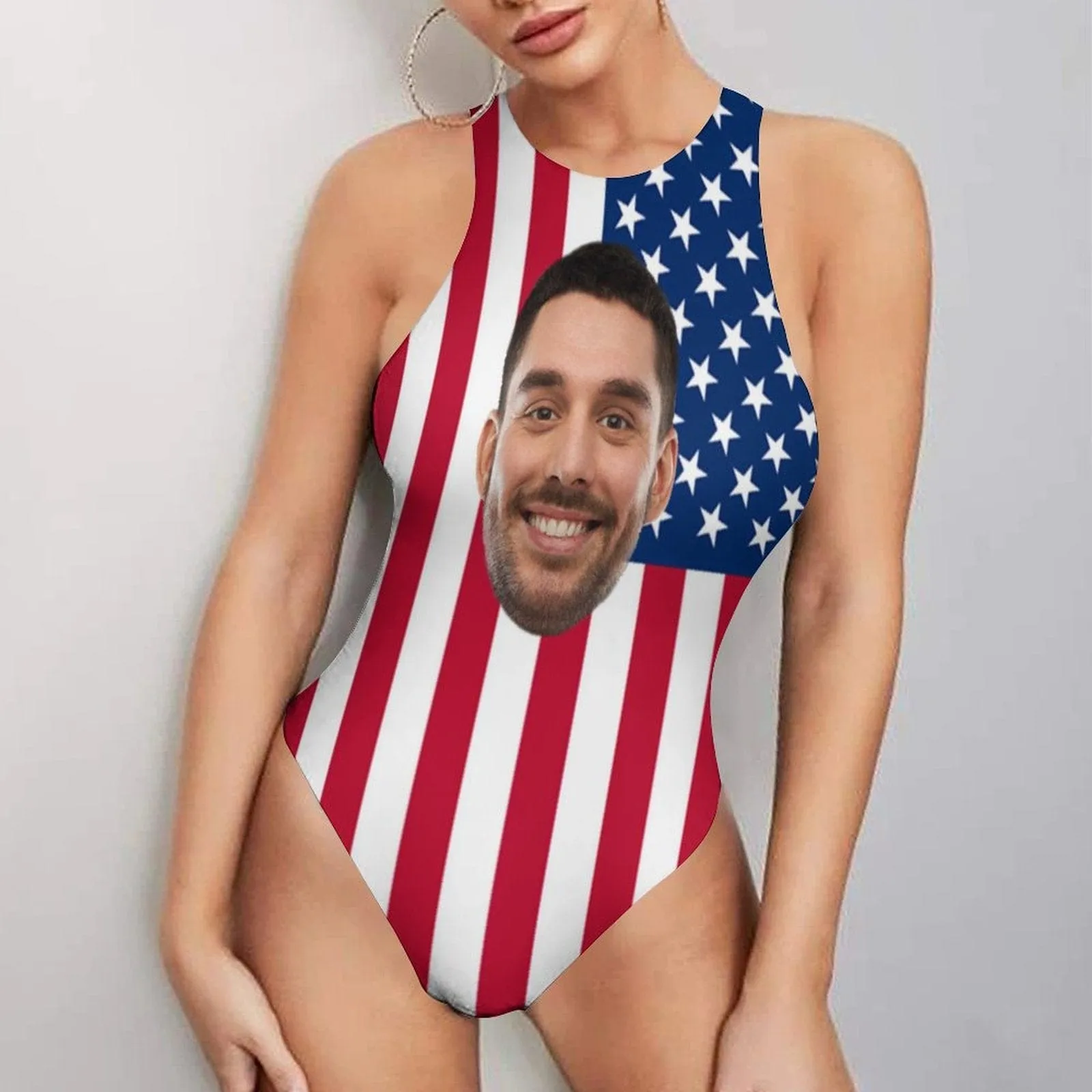 Custom Face US Flag Swimsuit Personalized Bathing Suit Women's Vest Bodysuit Swimsuit Celebrate Holiday Party