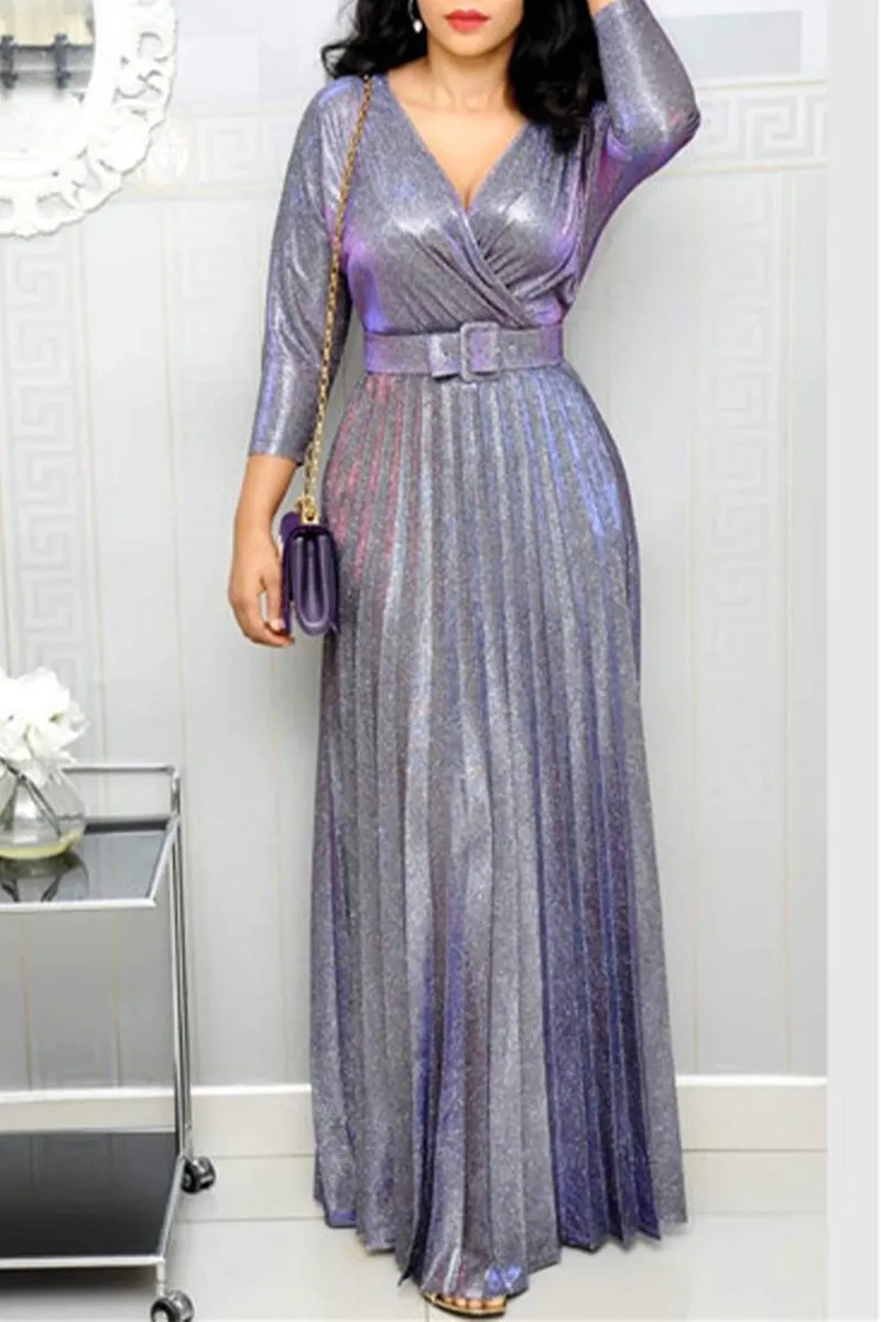 Elegant Bronzing Sequined With Belt V Neck A Line Dresses