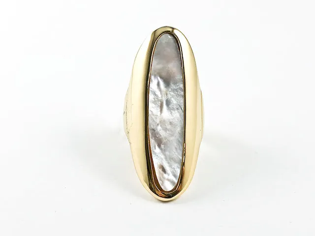 Elegant Long Shape With Center Mother Of Pearl Stone Gold Tone Steel Ring