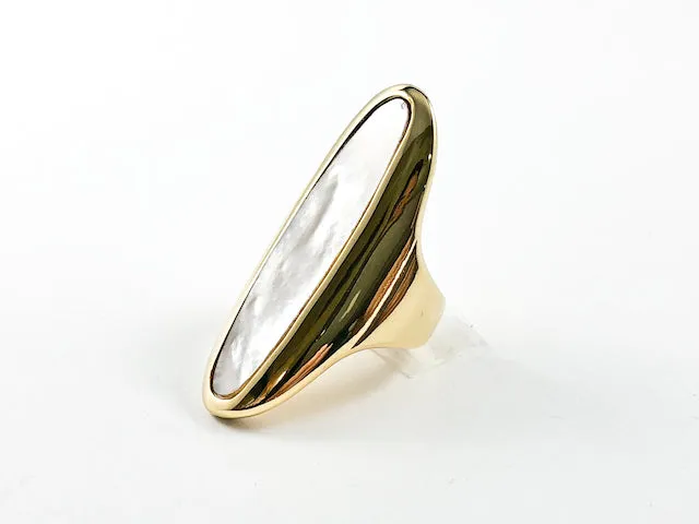 Elegant Long Shape With Center Mother Of Pearl Stone Gold Tone Steel Ring