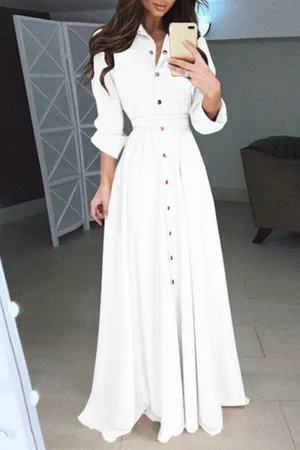 Elegant Solid Frenulum Turndown Collar Shirt Dress Dresses