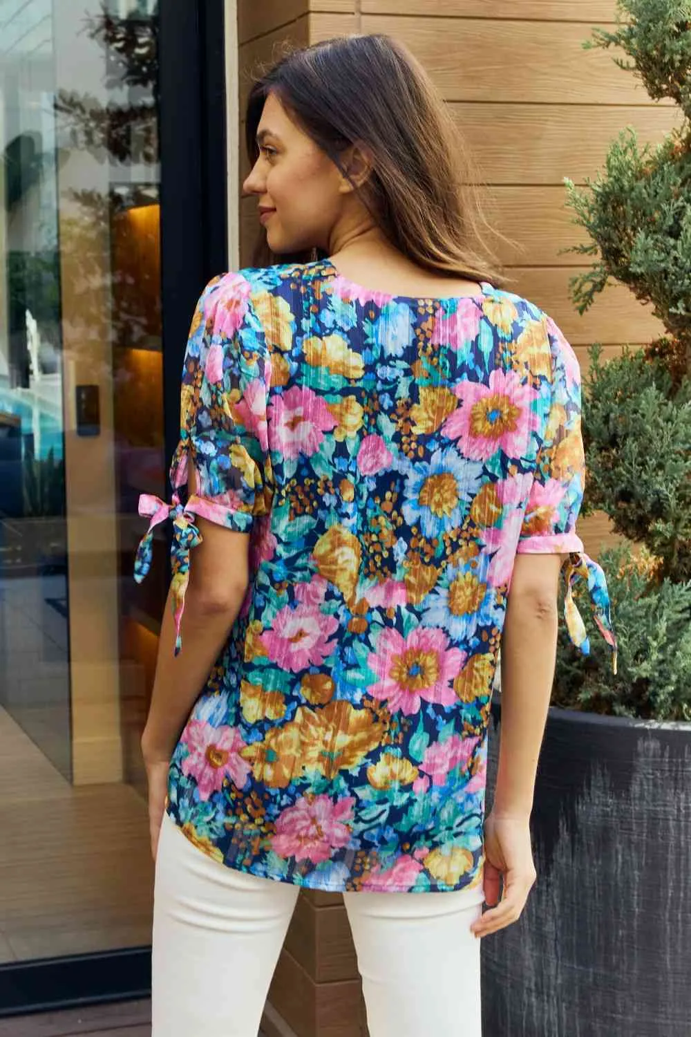 Full Size Floral V-Neck Tie Detail Blouse