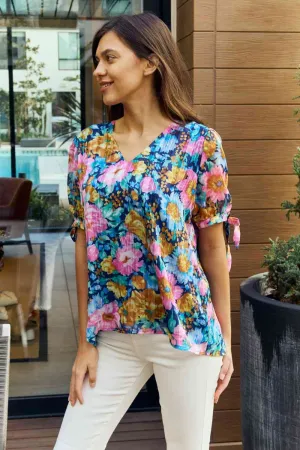 Full Size Floral V-Neck Tie Detail Blouse