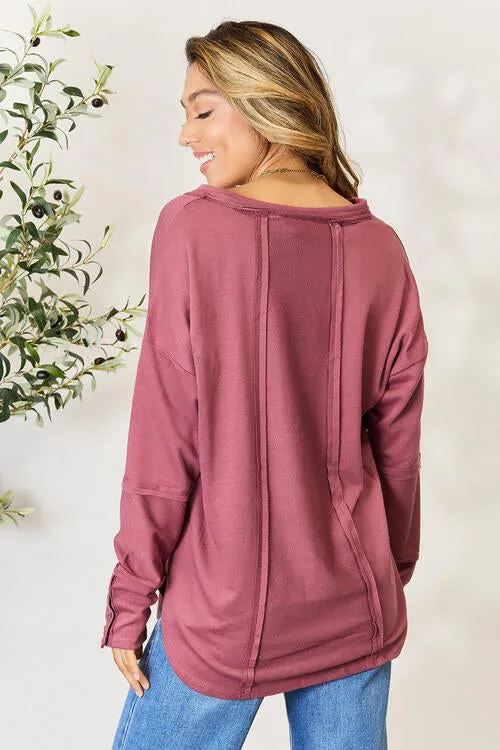 Full Size V-Neck Exposed Seam Long Sleeve Blouse