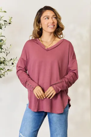 Full Size V-Neck Exposed Seam Long Sleeve Blouse