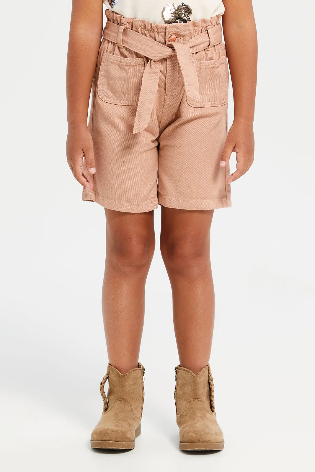 Girls Beige Belted Denim Shorts