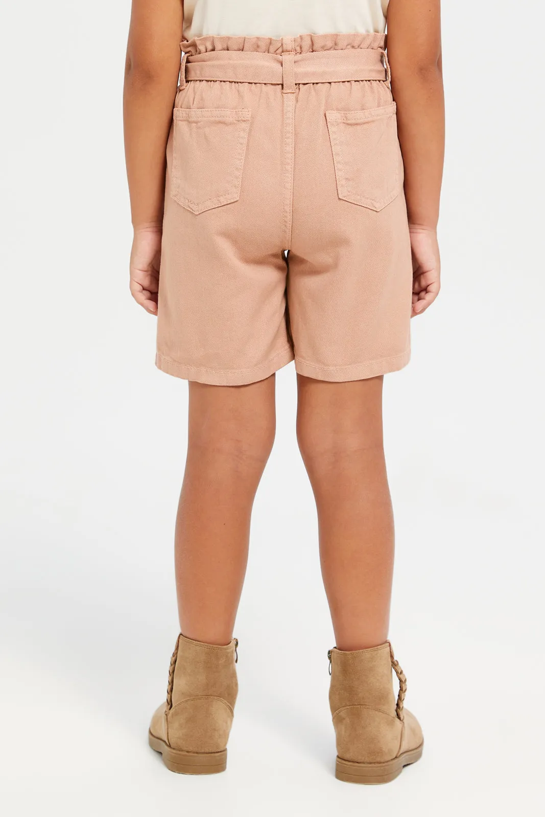 Girls Beige Belted Denim Shorts