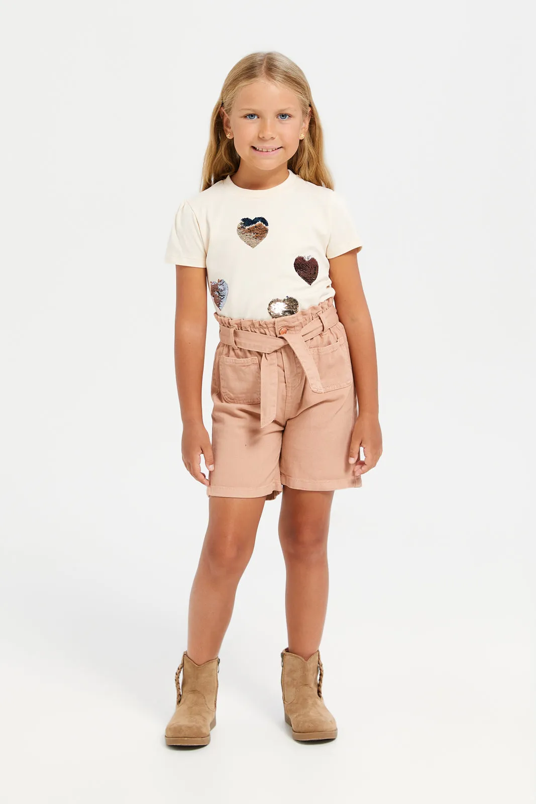 Girls Beige Belted Denim Shorts