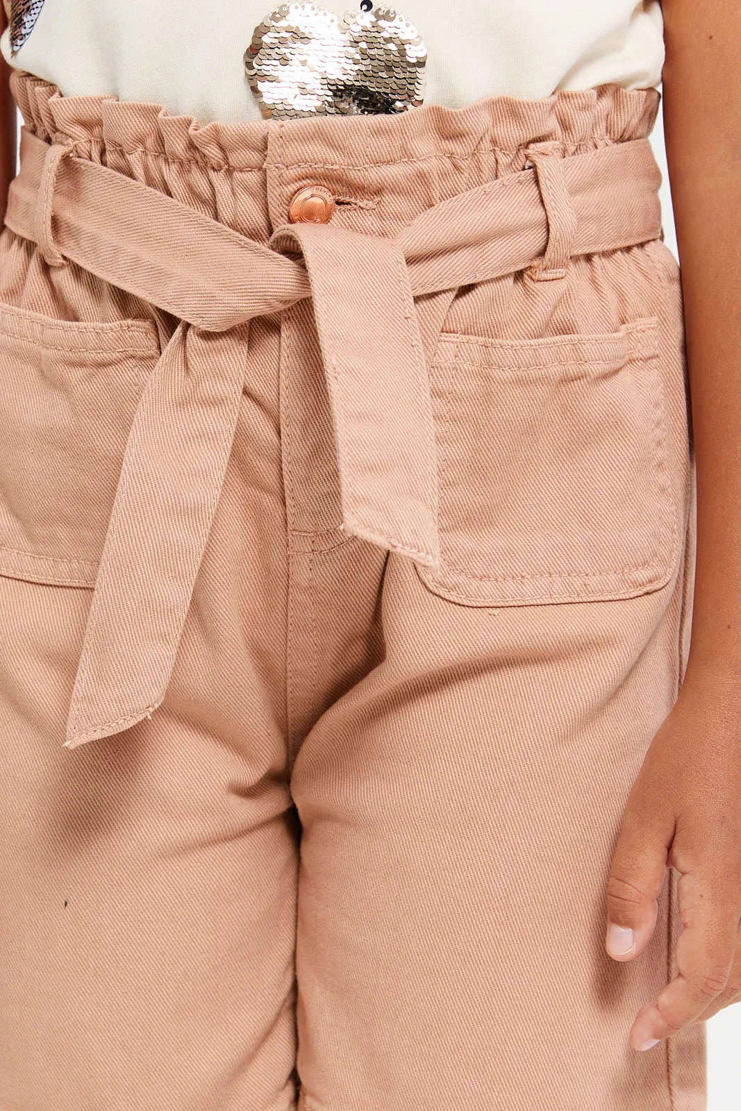 Girls Beige Belted Denim Shorts