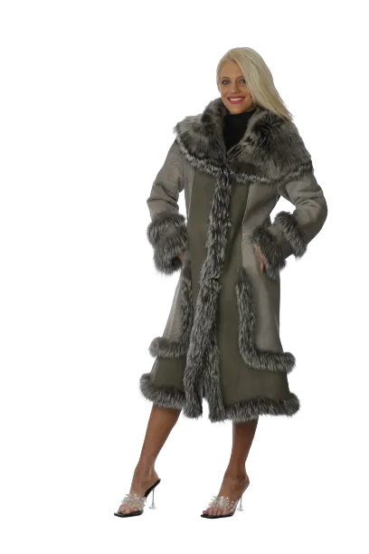 Grey Shearling Coat with Silver Fox Trim