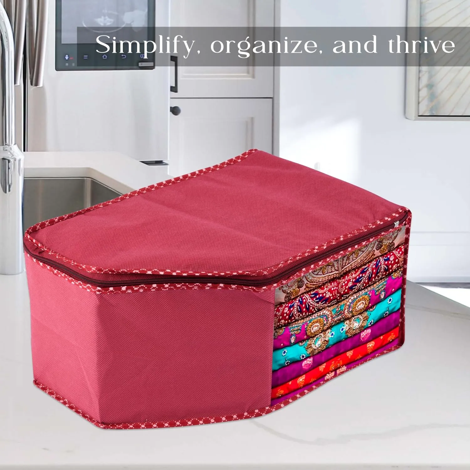 Kuber Industries Blouse Cover | Clothes Storage Bag | Zipper Wardrobe Organizers | Non-Woven Clothes Organiser | Side Transparent Blouse Organizer | Dot Border | Pack of 6 | Maroon