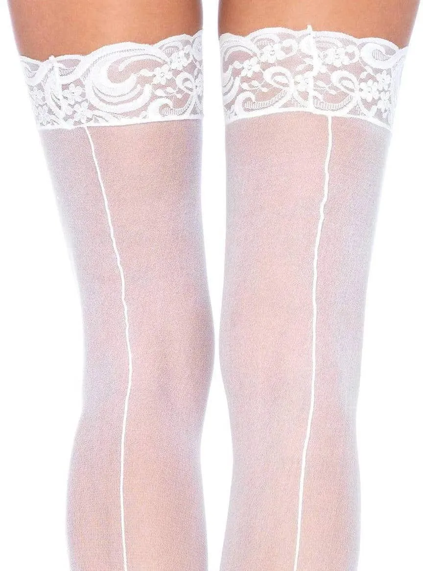 Lace Top Sheer White Plus Size Thigh Highs with Backseam