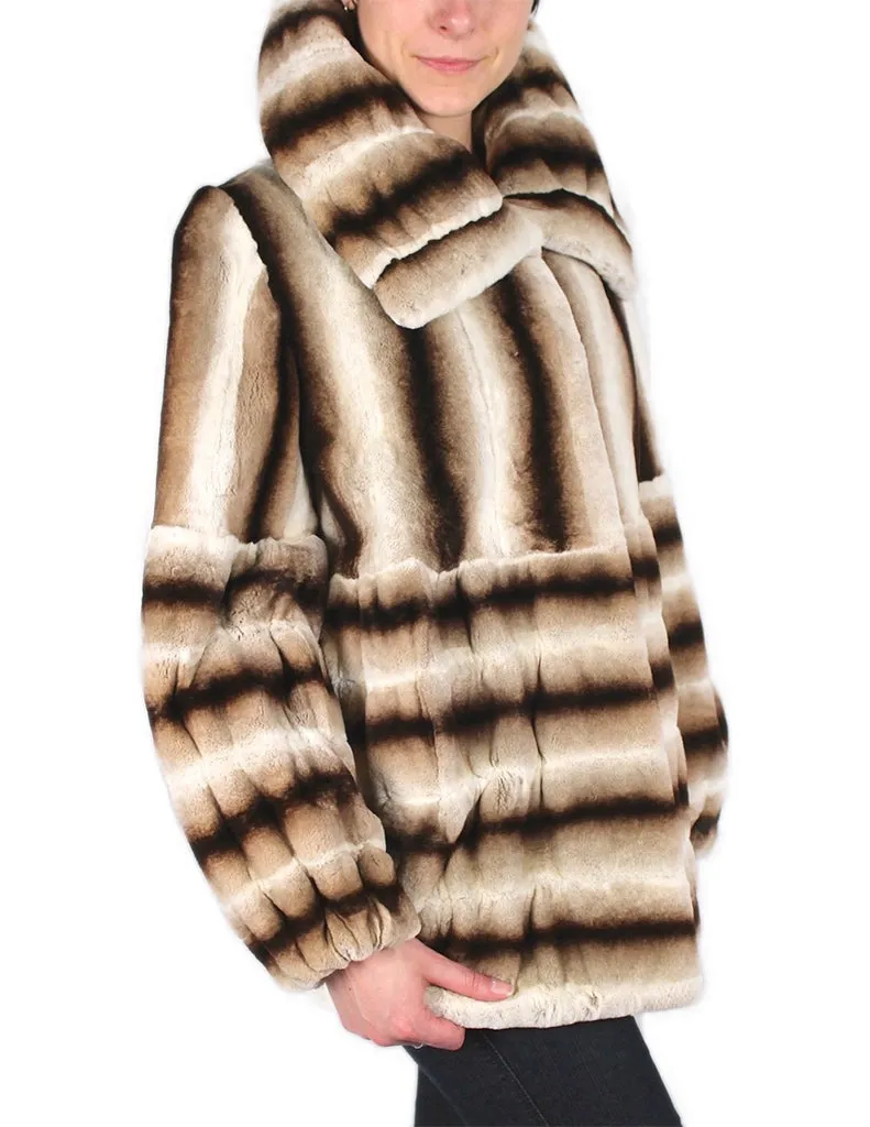 LARGE BEIGE BROWN STRIPED REX RABBIT FUR COAT, JACKET