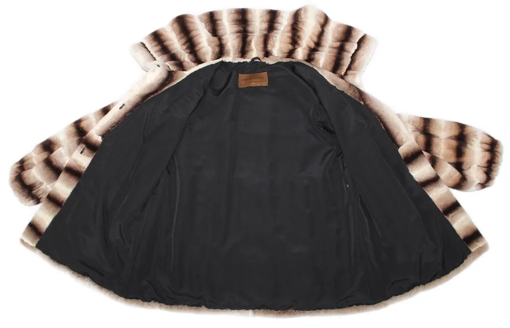 LARGE BEIGE BROWN STRIPED REX RABBIT FUR COAT, JACKET