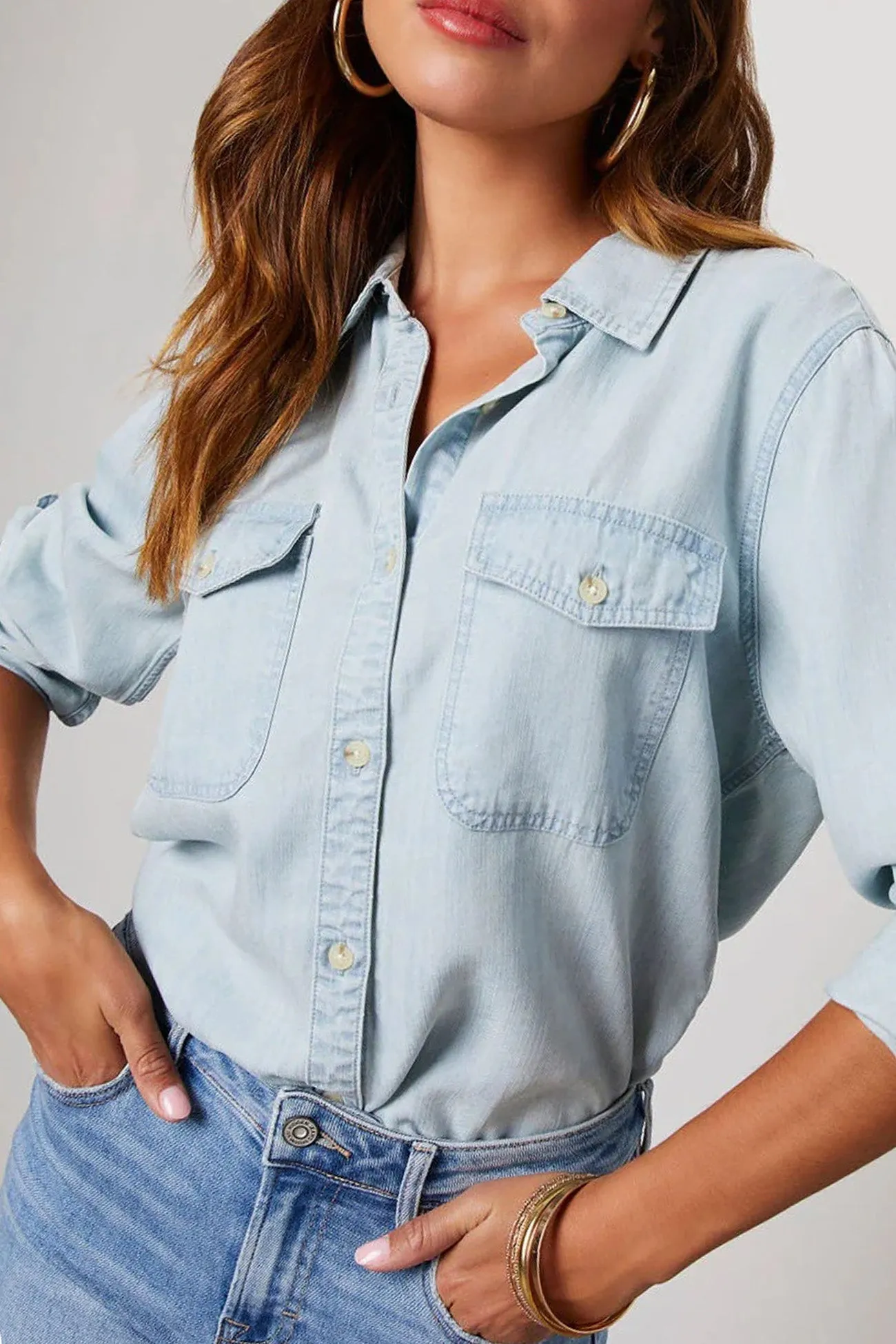 Long Sleeve Button-Up Denim Blouse