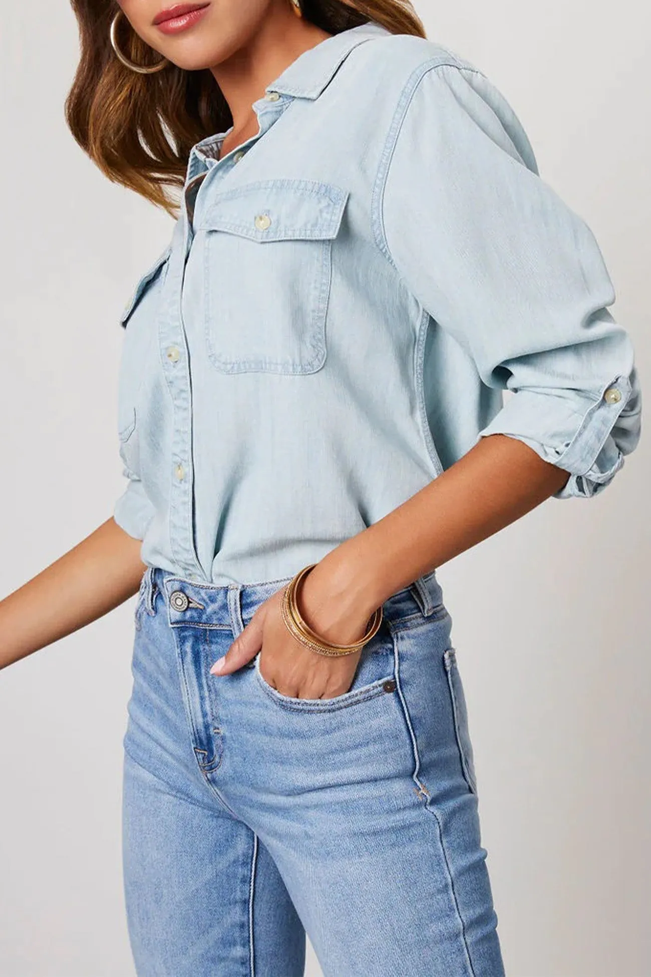 Long Sleeve Button-Up Denim Blouse