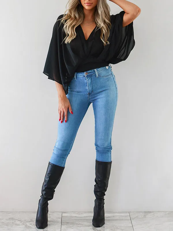 Loose Three-Quarter Sleeves Solid Color Deep V-Neck Blouses&Shirts Tops