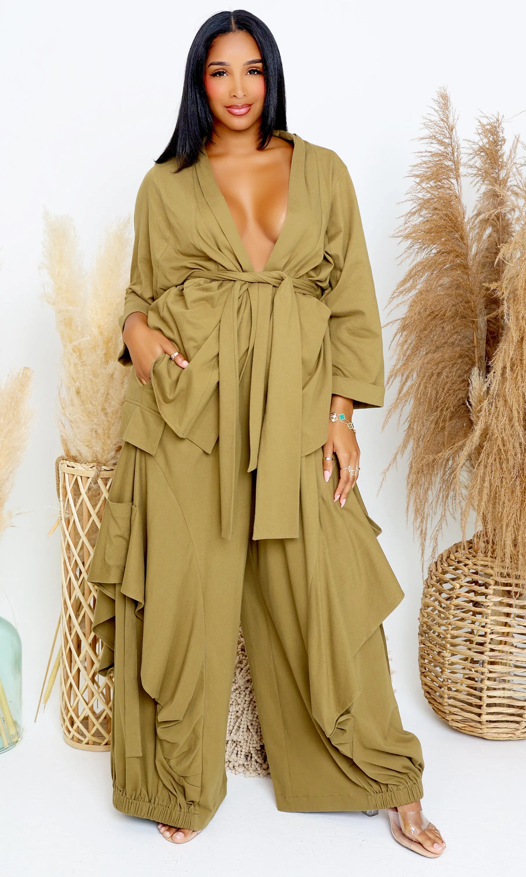 Luxury | Jersey Cardigan Set - Olive