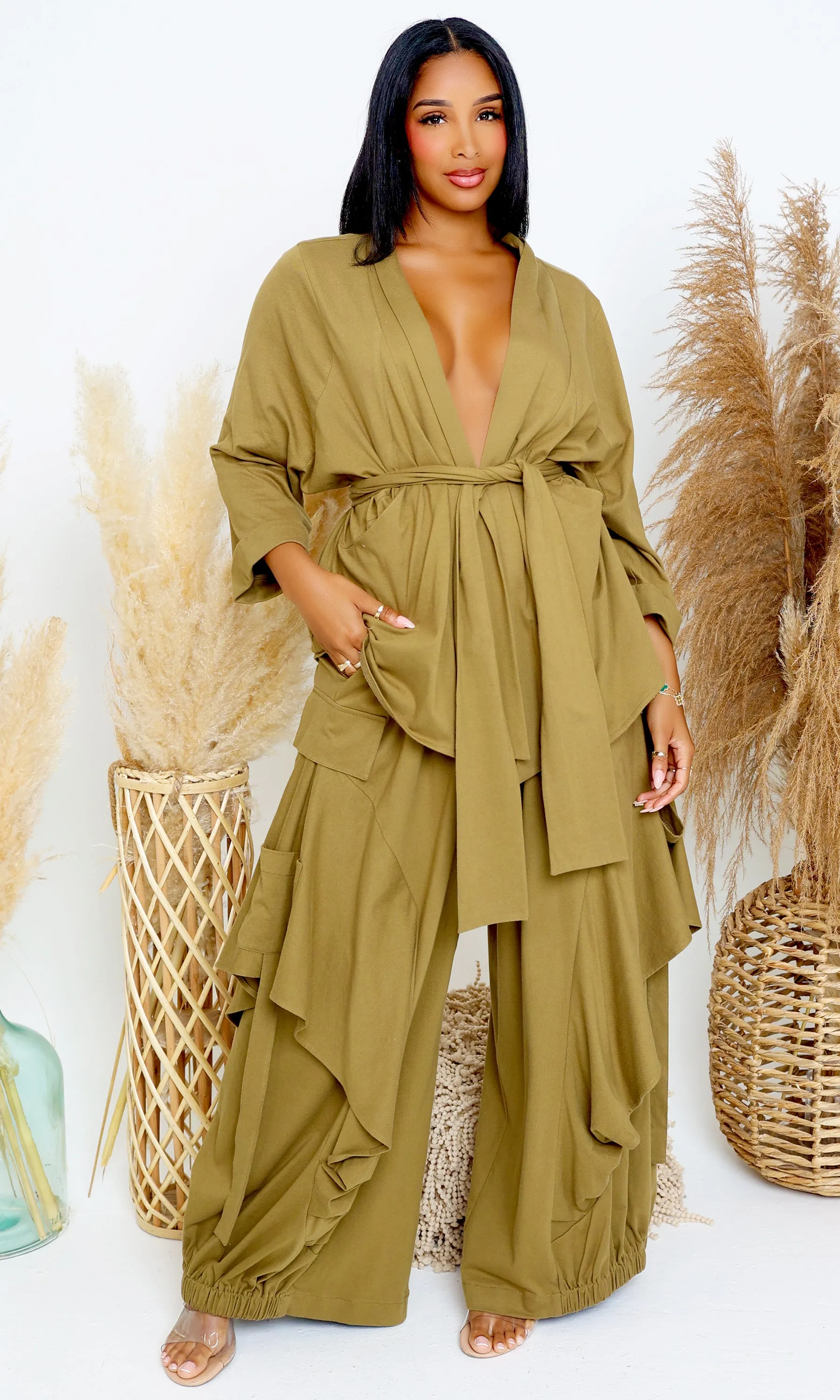 Luxury | Jersey Cardigan Set - Olive