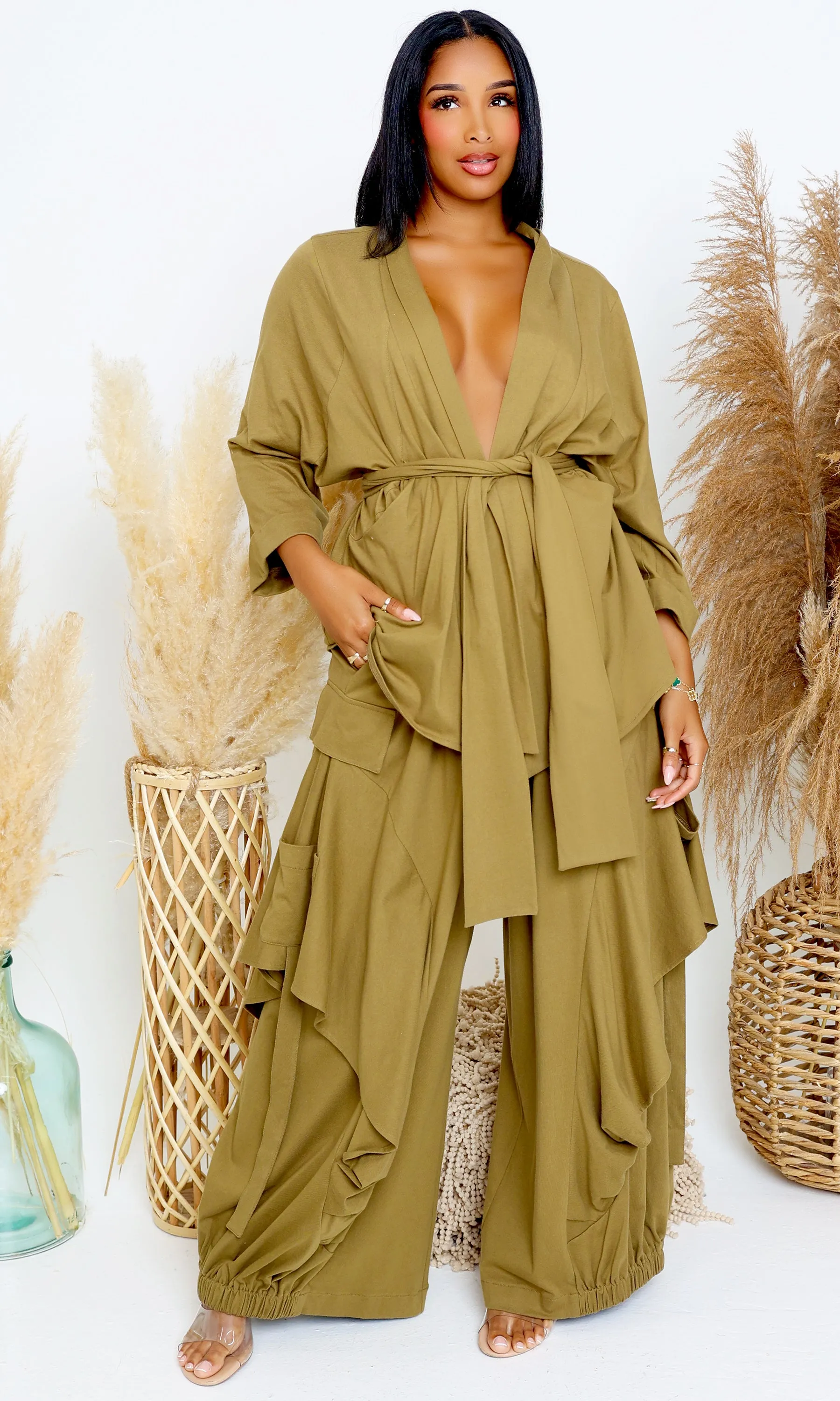 Luxury | Jersey Cardigan Set - Olive