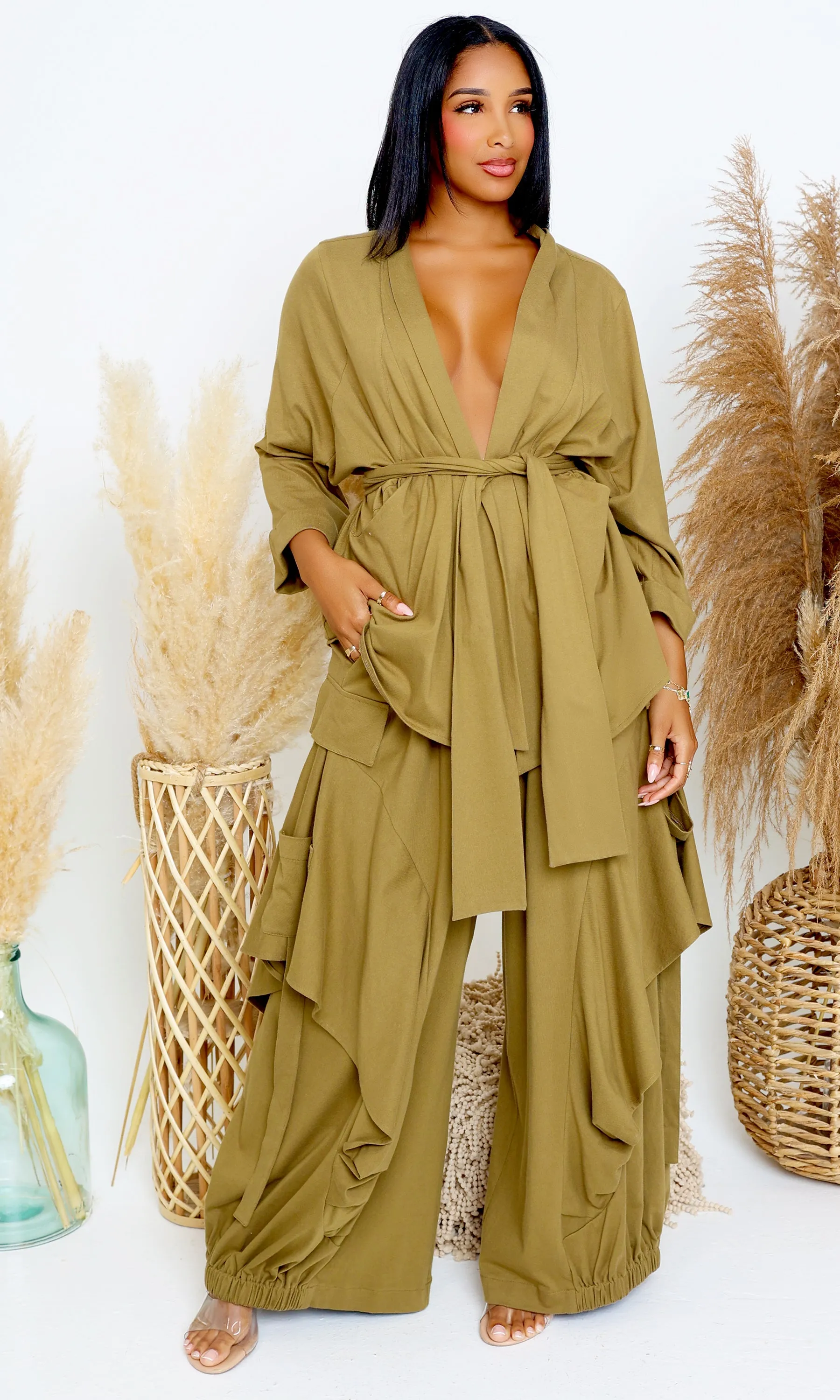 Luxury | Jersey Cardigan Set - Olive