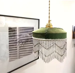 Luxury Vintage-Inspired Green Velvet Ceiling Hanging Lamp Shade with Beaded Tassels