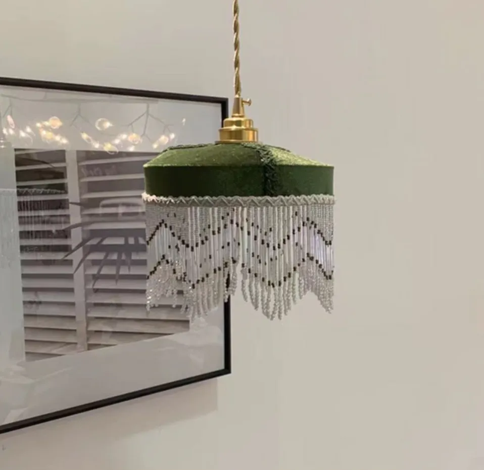 Luxury Vintage-Inspired Green Velvet Ceiling Hanging Lamp Shade with Beaded Tassels