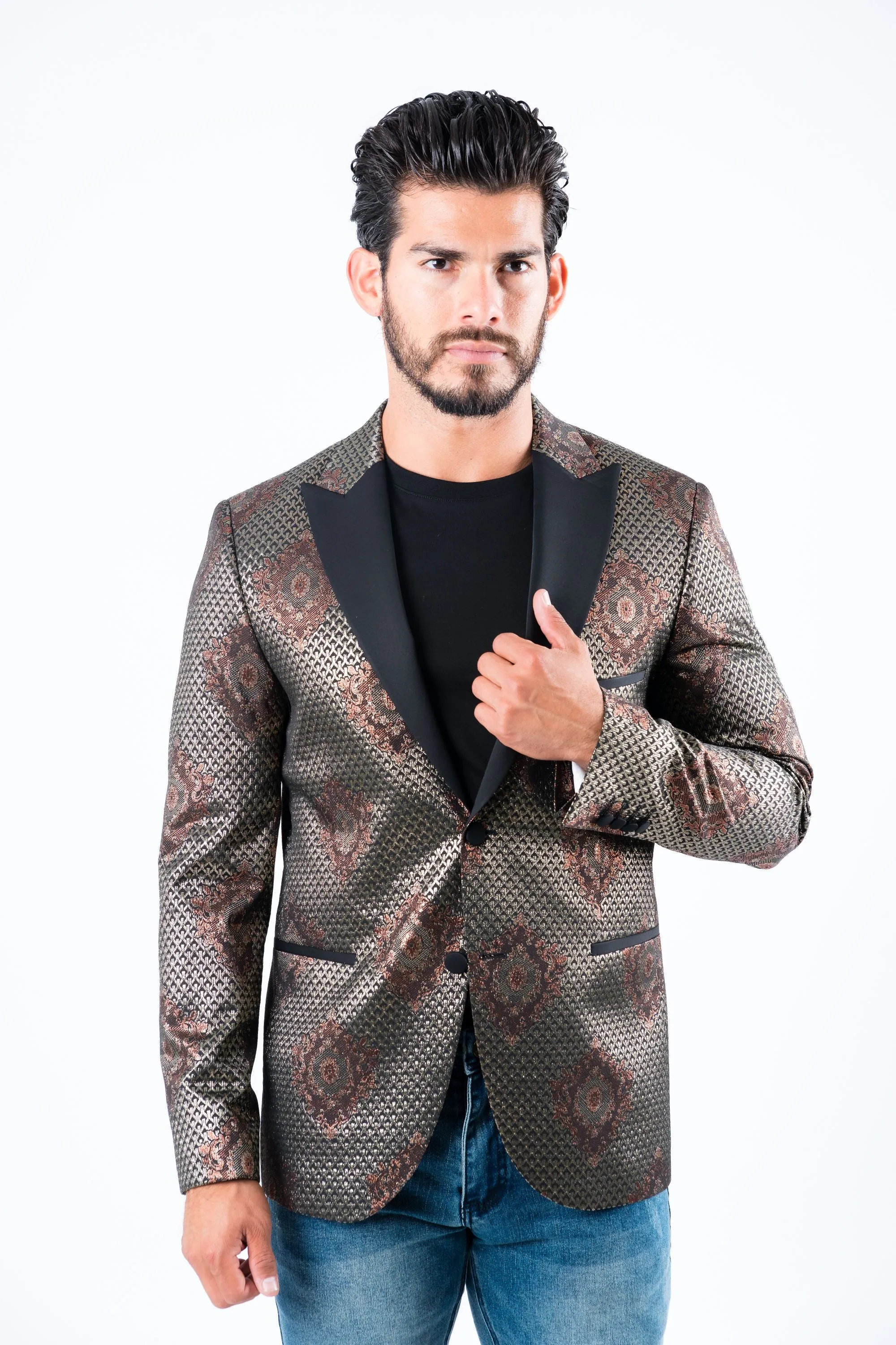 Men's Double Button Black Woven Printed Blazer