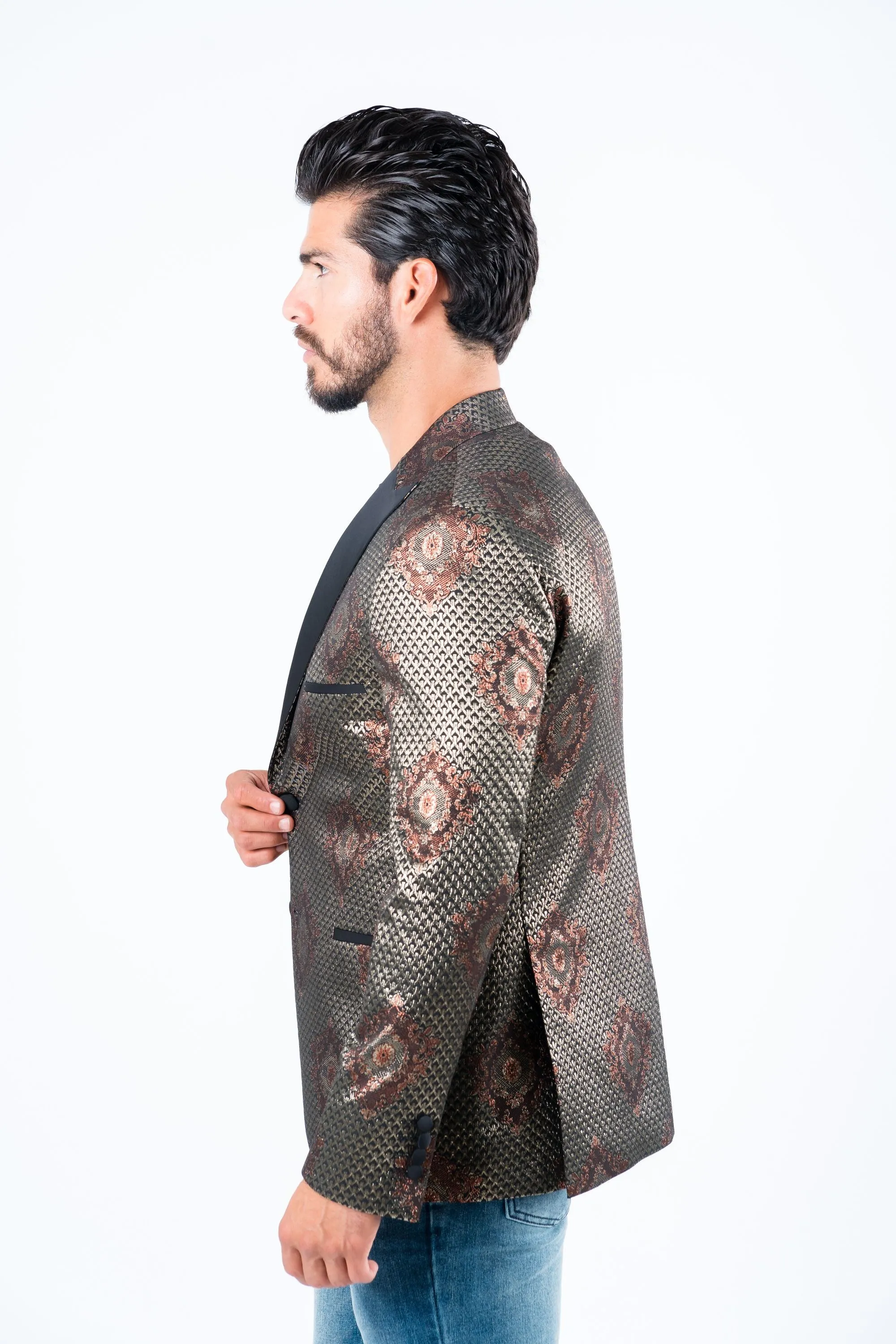 Men's Double Button Black Woven Printed Blazer