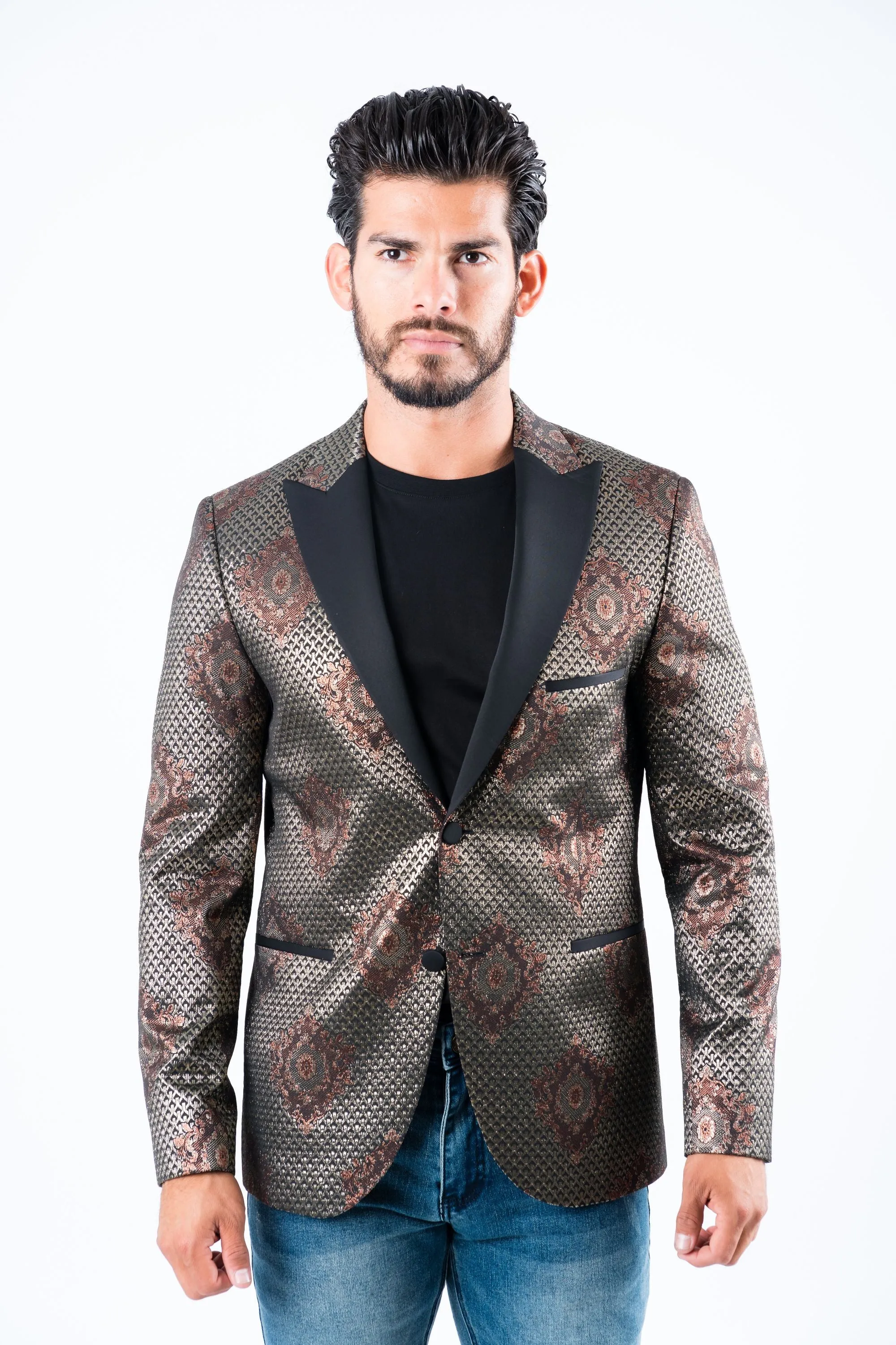 Men's Double Button Black Woven Printed Blazer